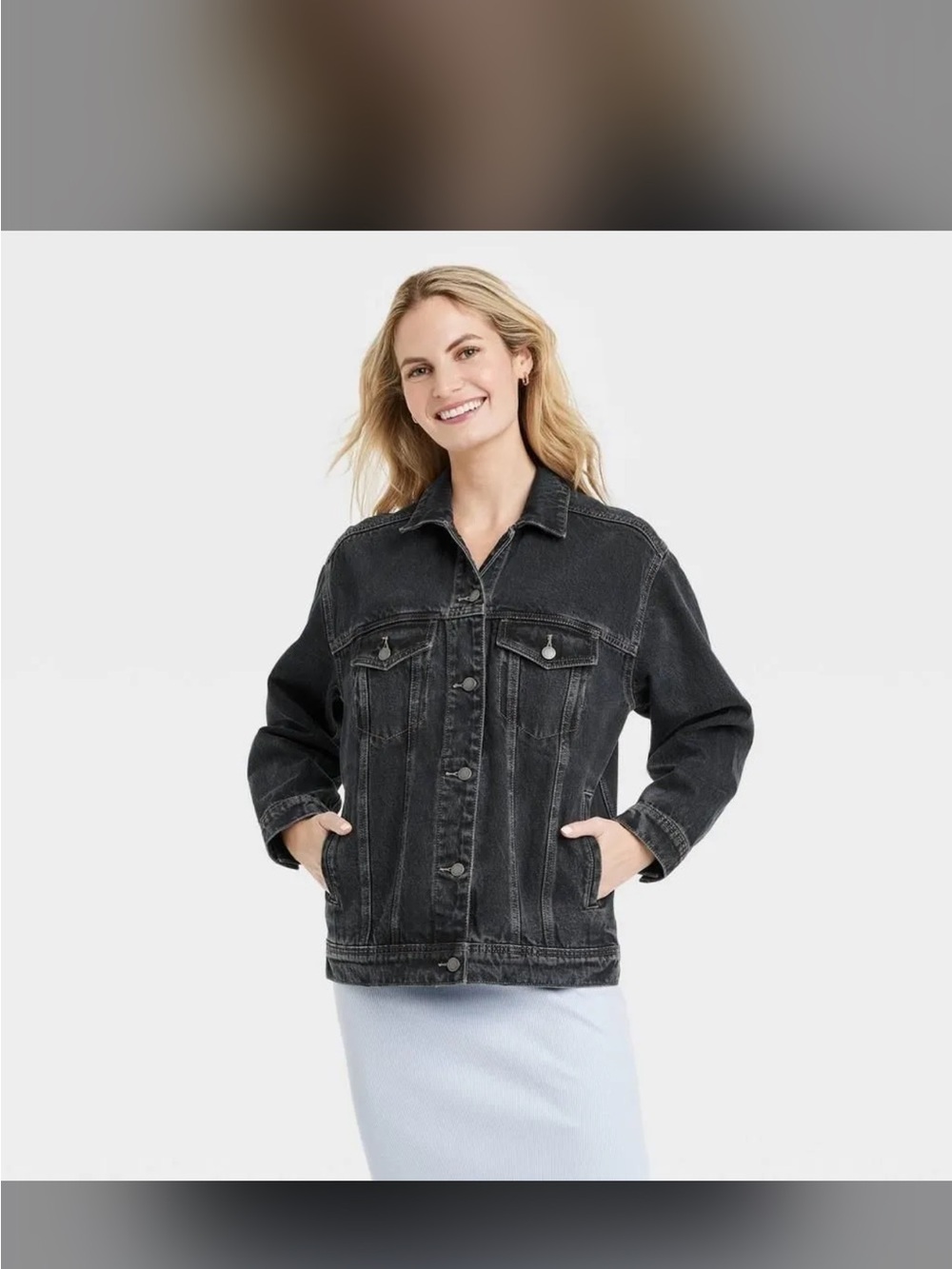 Women's Washed Black Denim Jacket - Classic Button-Front